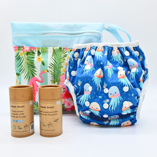 Kit complet été bébé : couche de bain + solaire SPF50 +Anti-Moustique + pochette