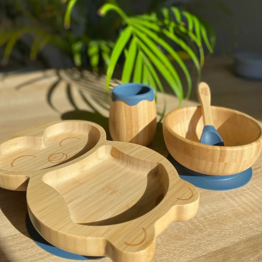 Coffret 4 pièces vaisselle bébé, bambou et silicone ventousé